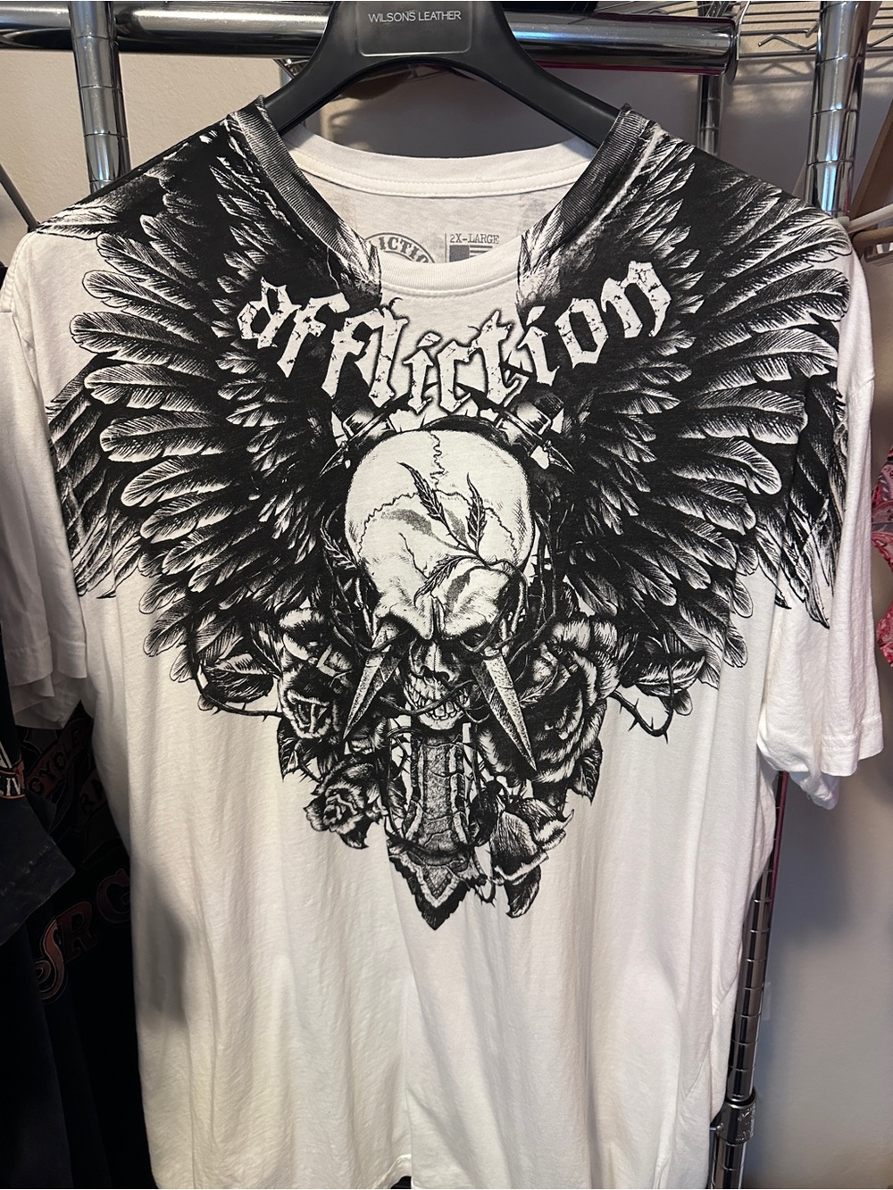 Affliction White Short Sleeve Tee with Black Skull & Wing Graphic